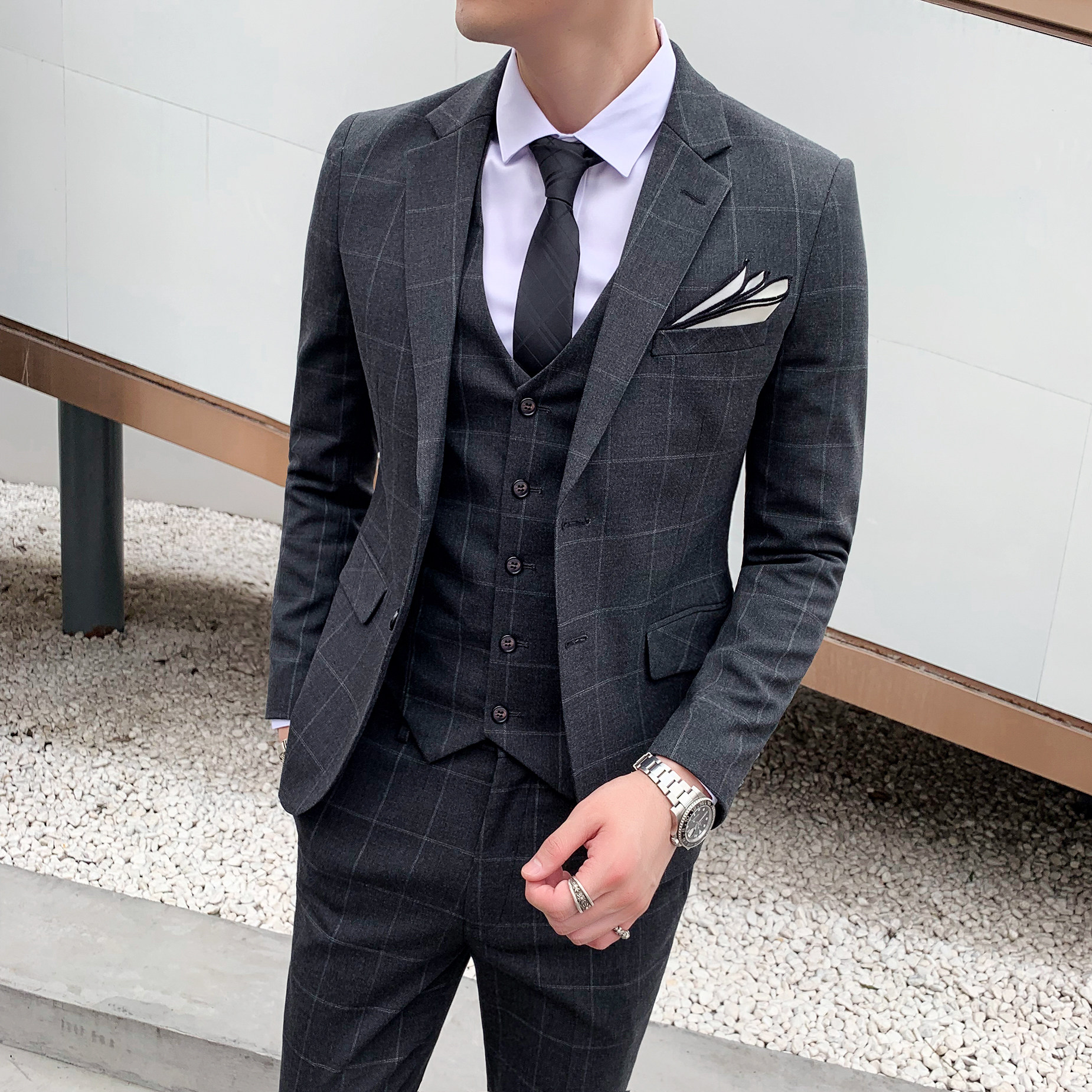 韩版修身格子西装套装男士英伦西服三件套职业装礼服SJT812-P280,男装西服套装,星座1012