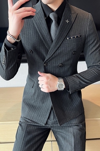 品质货条纹双排扣西服男套装三件套修身西装礼服商务SJT826-P265图片