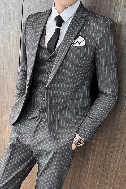 条纹西装男套装三件套西服灰色职业商务结婚礼服1012-SJT813-P280,男装西服套装,星座1012