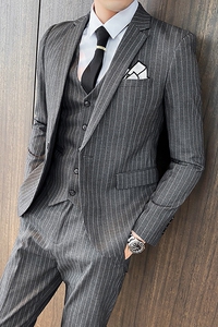条纹西装男套装三件套西服灰色职业商务结婚礼服1012-SJT813-P280图片