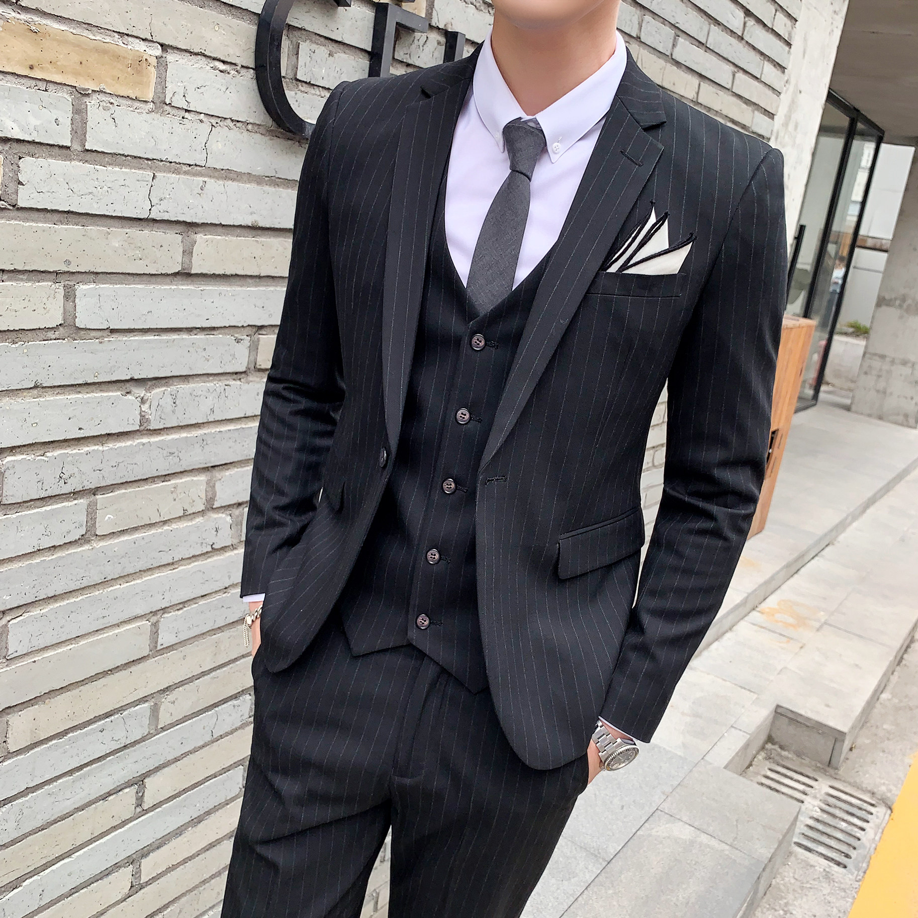 新款英伦条纹西服套装男士修身休闲西装新郎结婚礼服 SJT813-P280图片