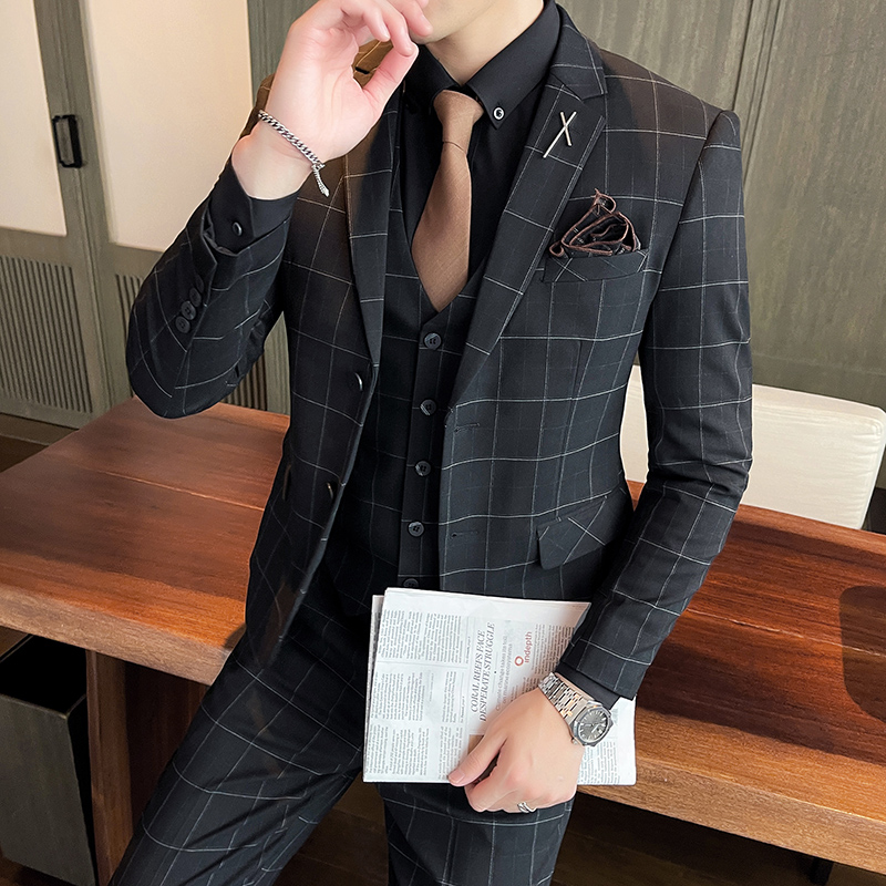 21秋冬韩版修身格子西服套装男英伦西装结婚礼服正装SJT863-P285，男装西服套装，星座1012