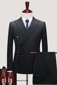 双排扣西装男套装条纹帅气新郎结婚礼服三件套商务职业休闲西服潮图片