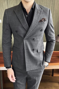 21秋冬韩版双排扣格子西服套装男英伦西装正装礼服潮LJT865-P230图片