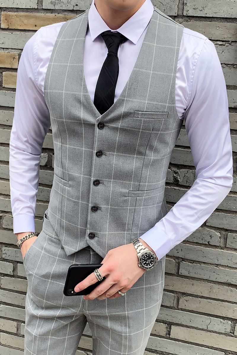 新款格子马夹男士韩版修身英伦休闲坎肩发型师马甲工装M812-P60,男装工装外套,星座1012