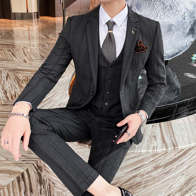 新款条纹西装三件套高端西服礼服洋气商务职业1012-SJT822,男装西服套装,星座1012