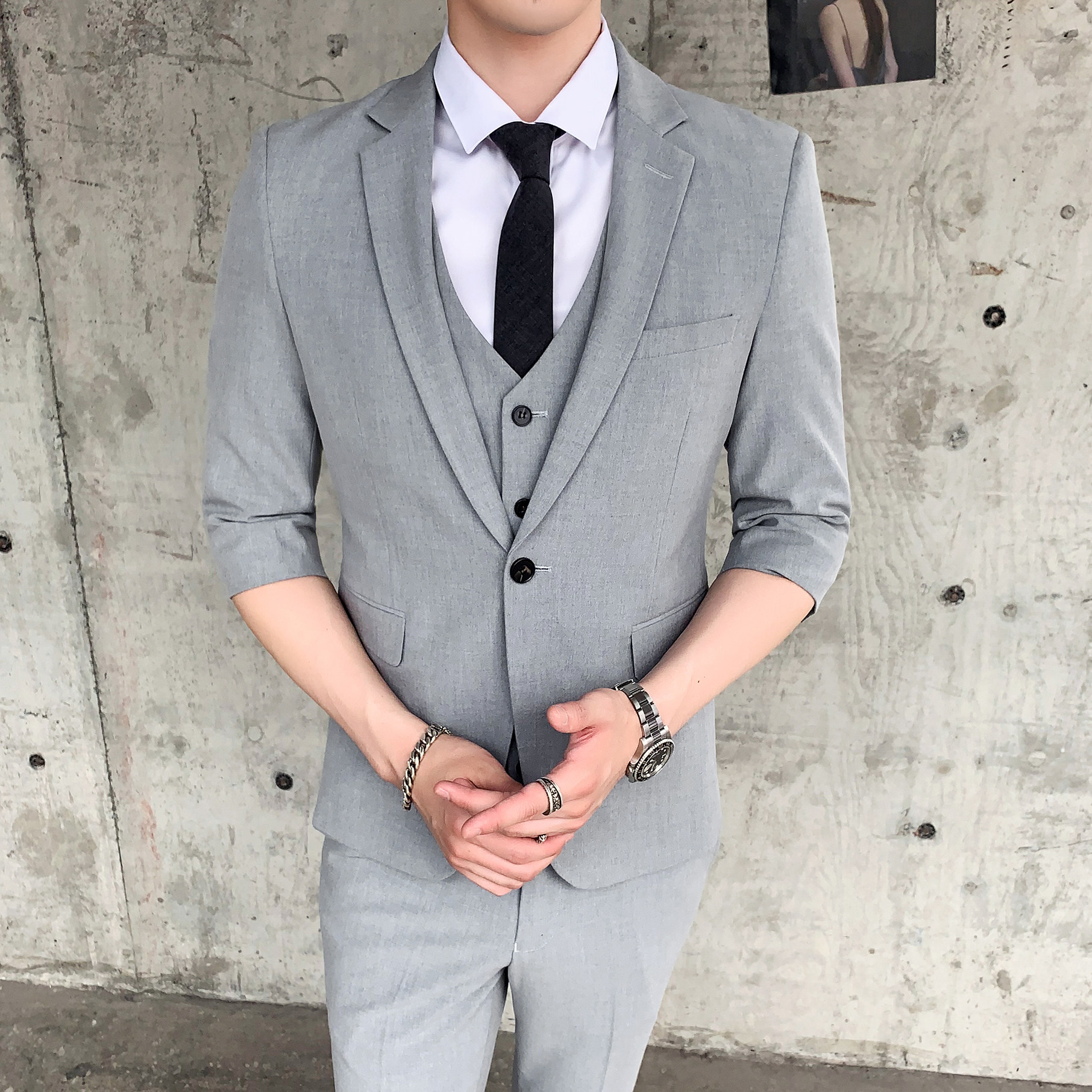 新款英伦七分袖西服套装男韩版修身中袖西装三件套潮SJT802-P255,男装西服套装,星座1012