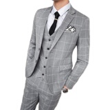 格子西装两粒扣西服三件套商务职业休闲新郎结婚1012-SJT812，男装西服套装，星座1012