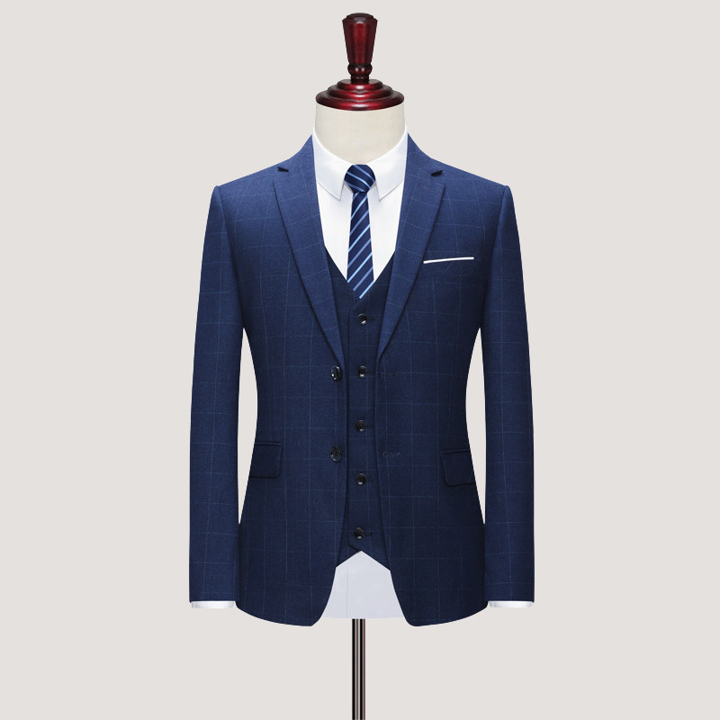 蓝色格子西装男套装新郎结婚商务正装三件套西服1012-SJT811-P280,男装西服套装,星座1012