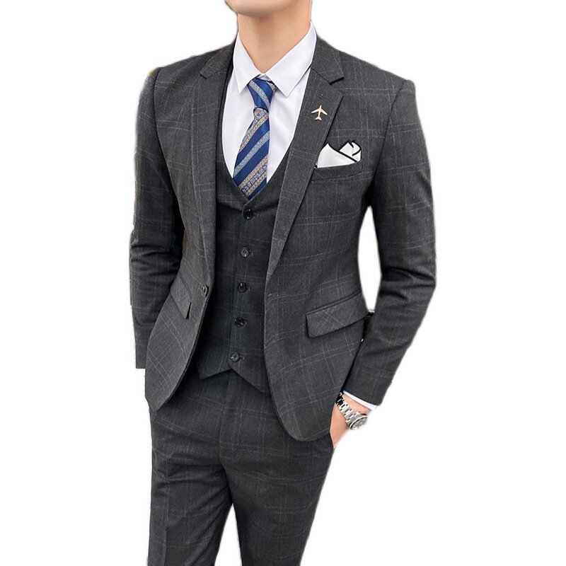 秋冬格子男西服套装修身休闲西装三件套结婚礼服商务SJT823-P280,男装西服套装,星座1012