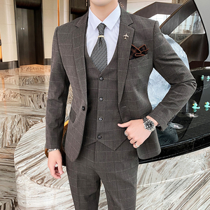 英伦格子西装男套装三件套修身西服商务礼服SJT821-P260