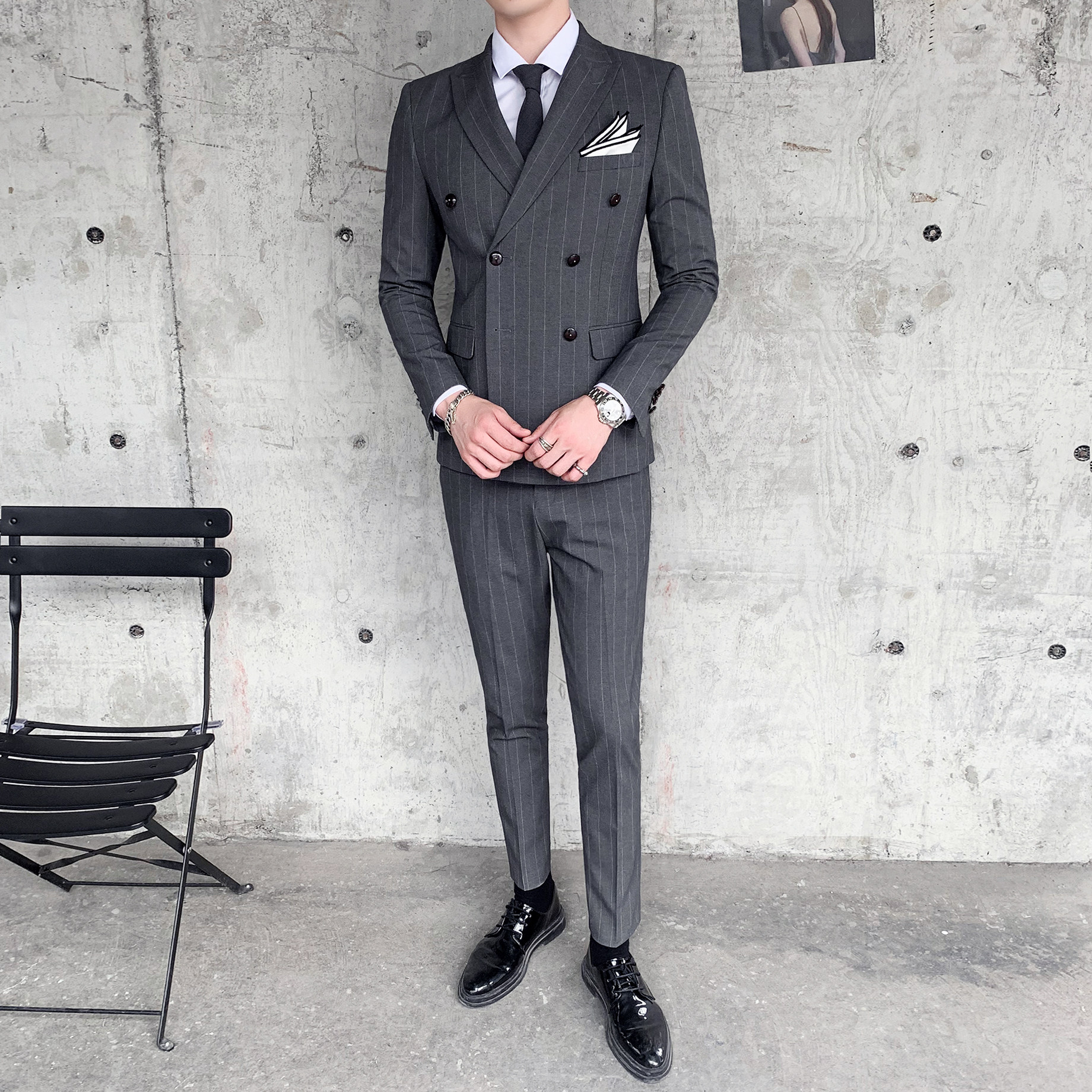 英伦休闲商务条纹双排扣西服三件套发型师套装正装SJT807-P260,男装西服套装,星座1012