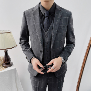 秋冬新款双线一粒扣西装套装男生修身商务西服三件套SJT8121-P280图片