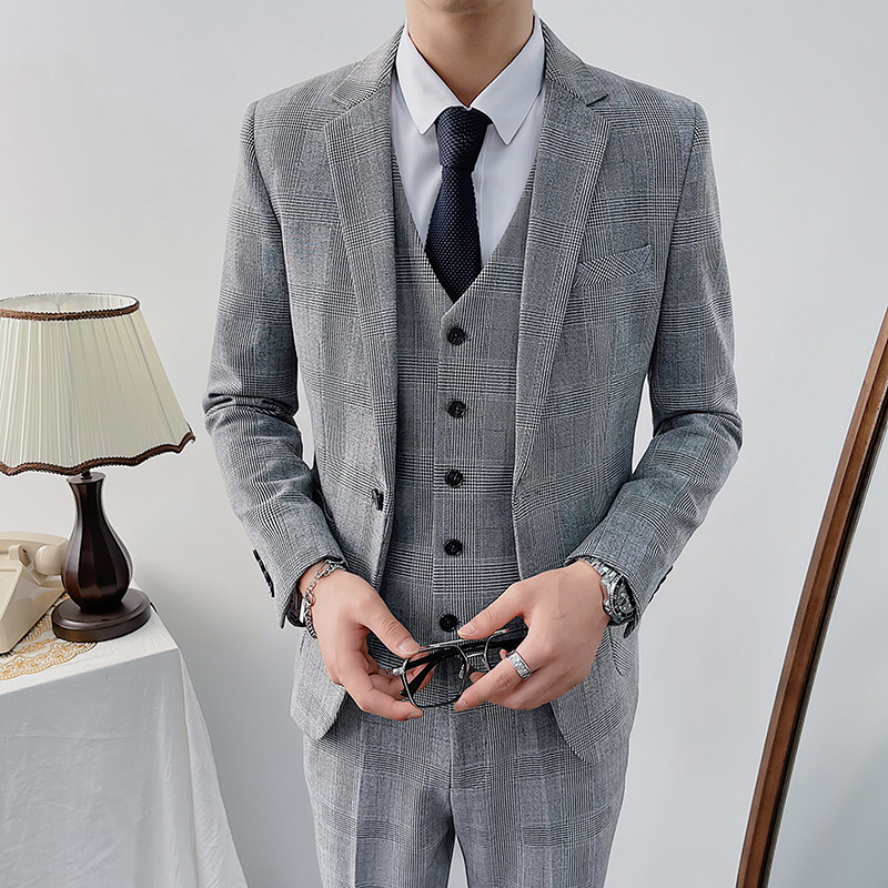 2025秋冬新款千鸟格修身西服男套装三件套商务休闲西服8011-P300,男装西服,星座1012