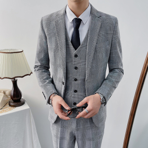 2025秋冬新款千鸟格修身西服男套装三件套商务休闲西服8011-P300图片