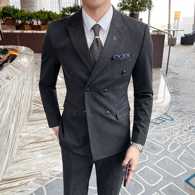 英伦风修身双排扣条纹西服三件套休闲西装1012-826，男装西服套装，星座1012