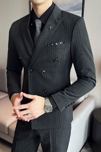 三件套男士西装套装商务休闲修双排扣条纹西服SJT826-P265图片