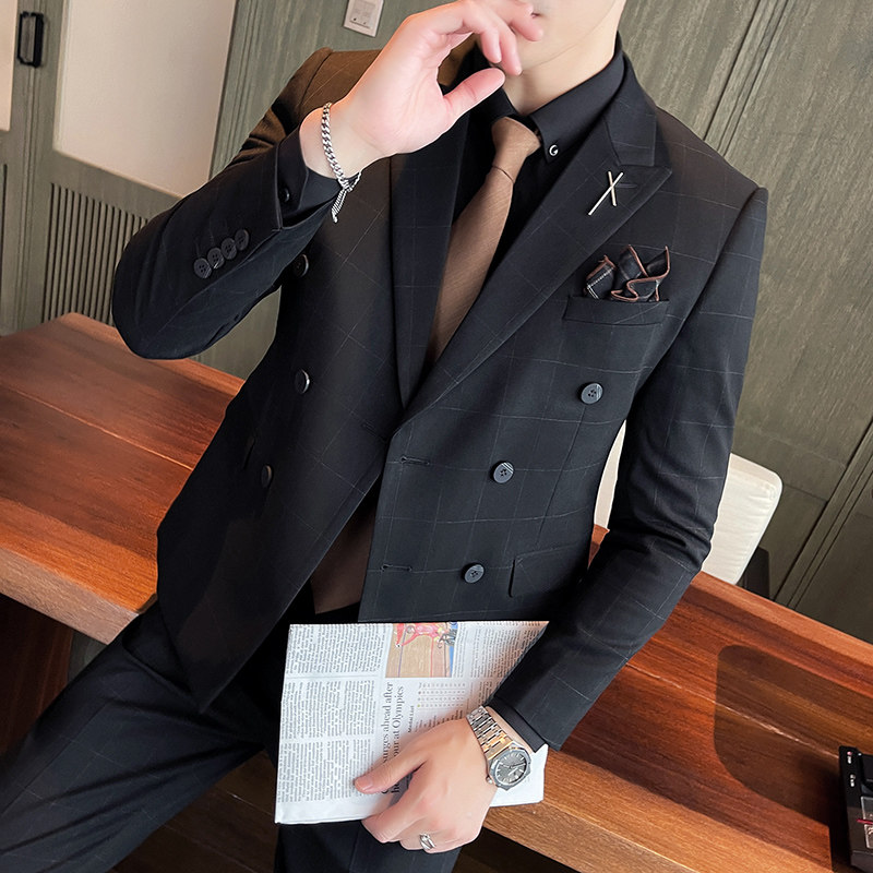 男士新郎礼服西服两件套西装修身休闲格子双排扣LJT865-P200,男装西服套装,星座1012