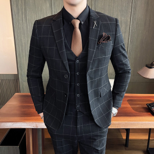 21秋冬韩版修身格子西服套装男英伦西装结婚礼服正装SJT863-P285图片