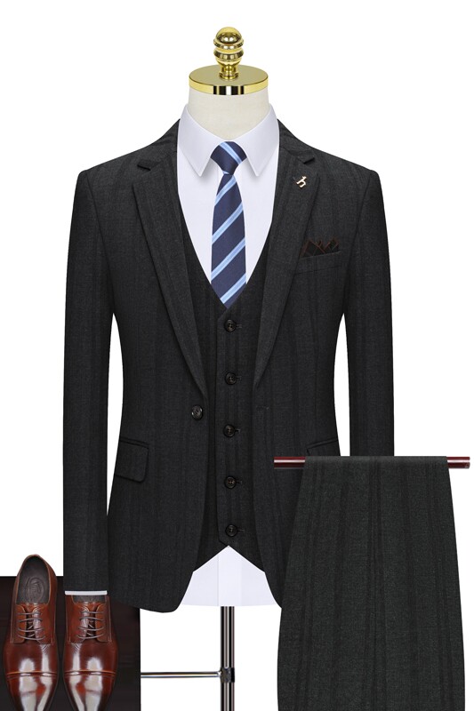假模图条纹深灰色西服套装男三件套商务职业礼服正装西装822-P260,男装西服套装,星座1012