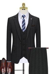 假模图条纹深灰色西服套装男三件套商务职业礼服正装西装822-P260图片
