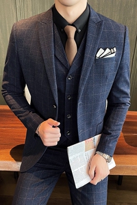 经典款三件套西装男套装格子西服新郎结婚礼服SJT851-P260图片