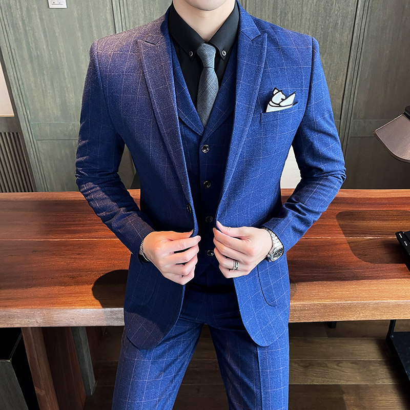 格子西装男套装三件套帅气商务婚礼服修身西服SJT851-P260,男装西服套装,星座1012
