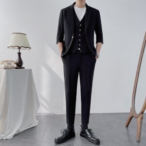 薄中袖西服男套装三件套七分袖西装834-P205上衣105马甲45裤子55图片