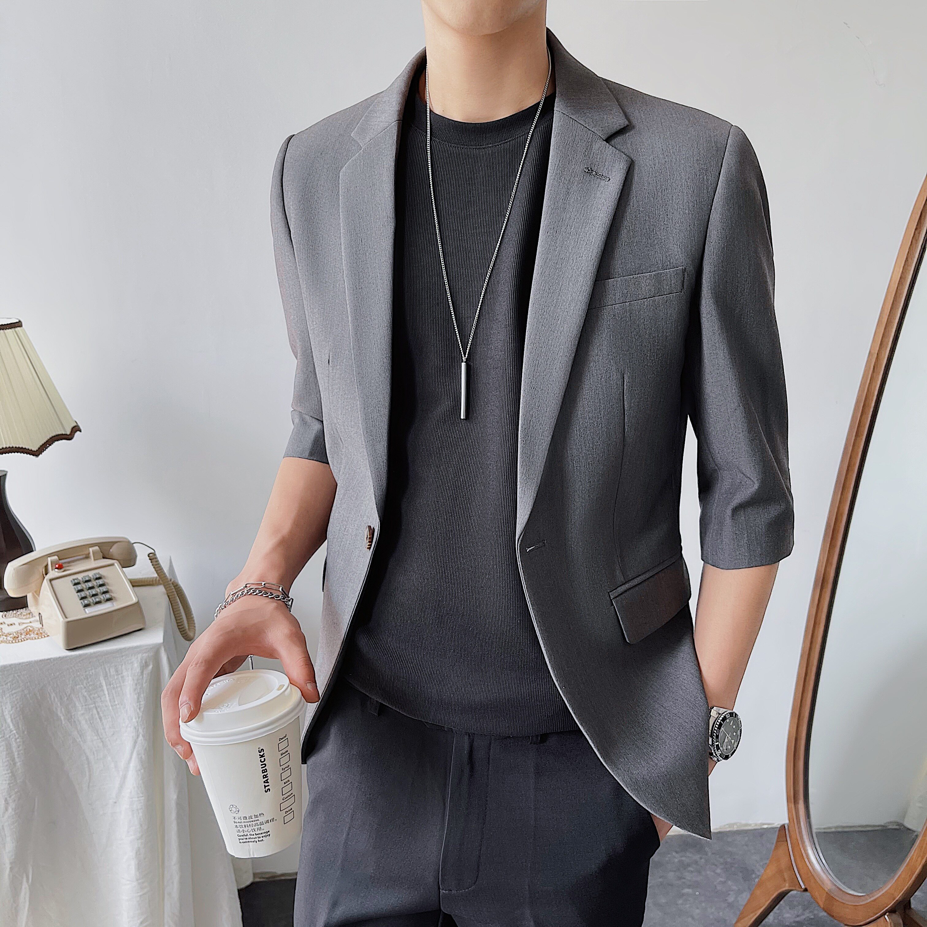 夏季男士西服小西装外套修身短袖七分袖中袖休闲纯色XZ01-P70,男装T恤,星座1012