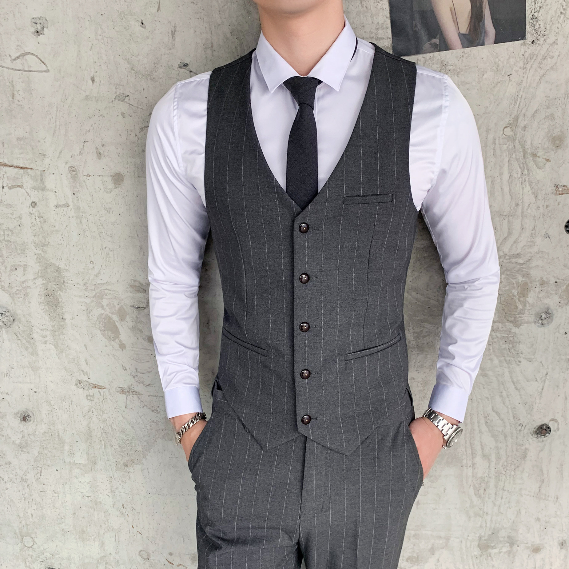 条纹西服马甲男发型师坎肩伴郎团西服马甲1012-M808，男装背心/马甲，星座1012