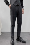男生格子西裤抗皱深灰商务休闲修身长裤伸缩腰部K8121-P75，男装西裤，星座1012