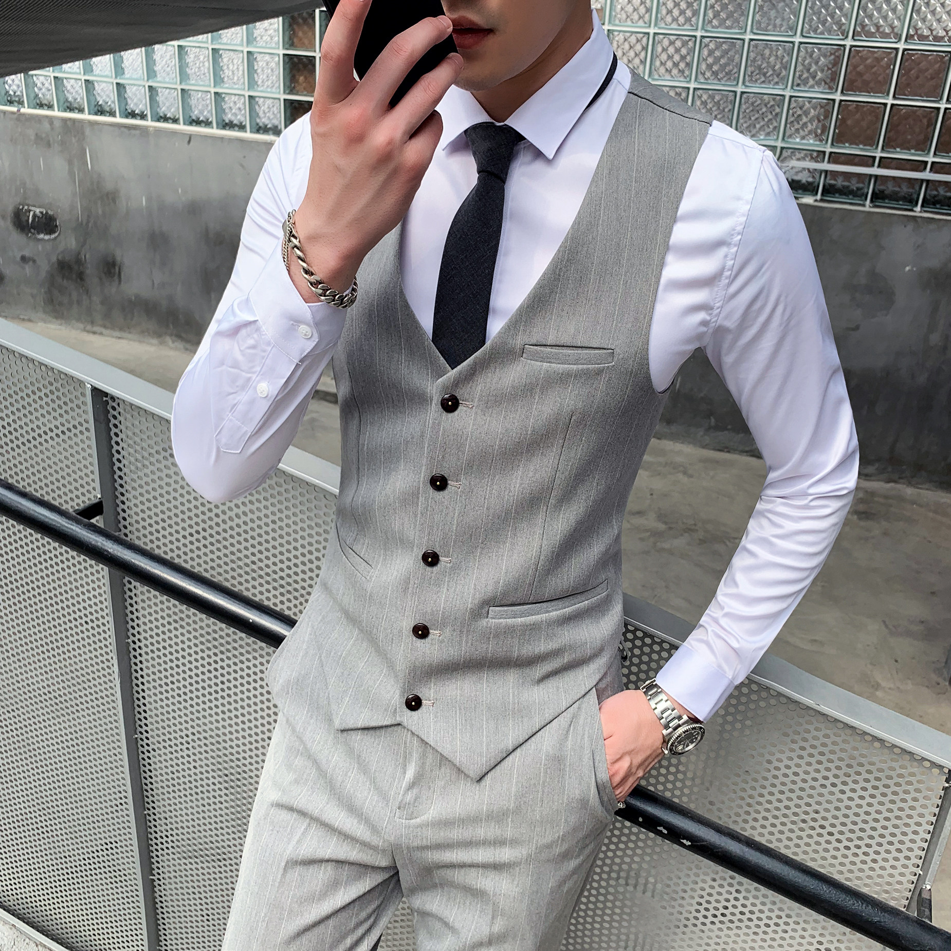 英伦修身条纹西装马甲男西服坎肩发型师伴郎1012-M808-P55,男装西服套装,星座1012