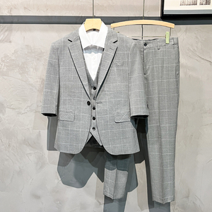 薄格子中袖西服三件套七分袖西装P80 马甲35 裤子50 SJT867-P165图片