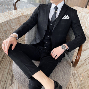 两粒扣格子西装男套装三件套商务休闲礼服SJT812-P270图片