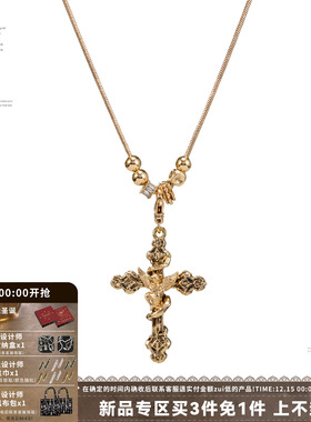 复古十字架项链天使长款毛衣链