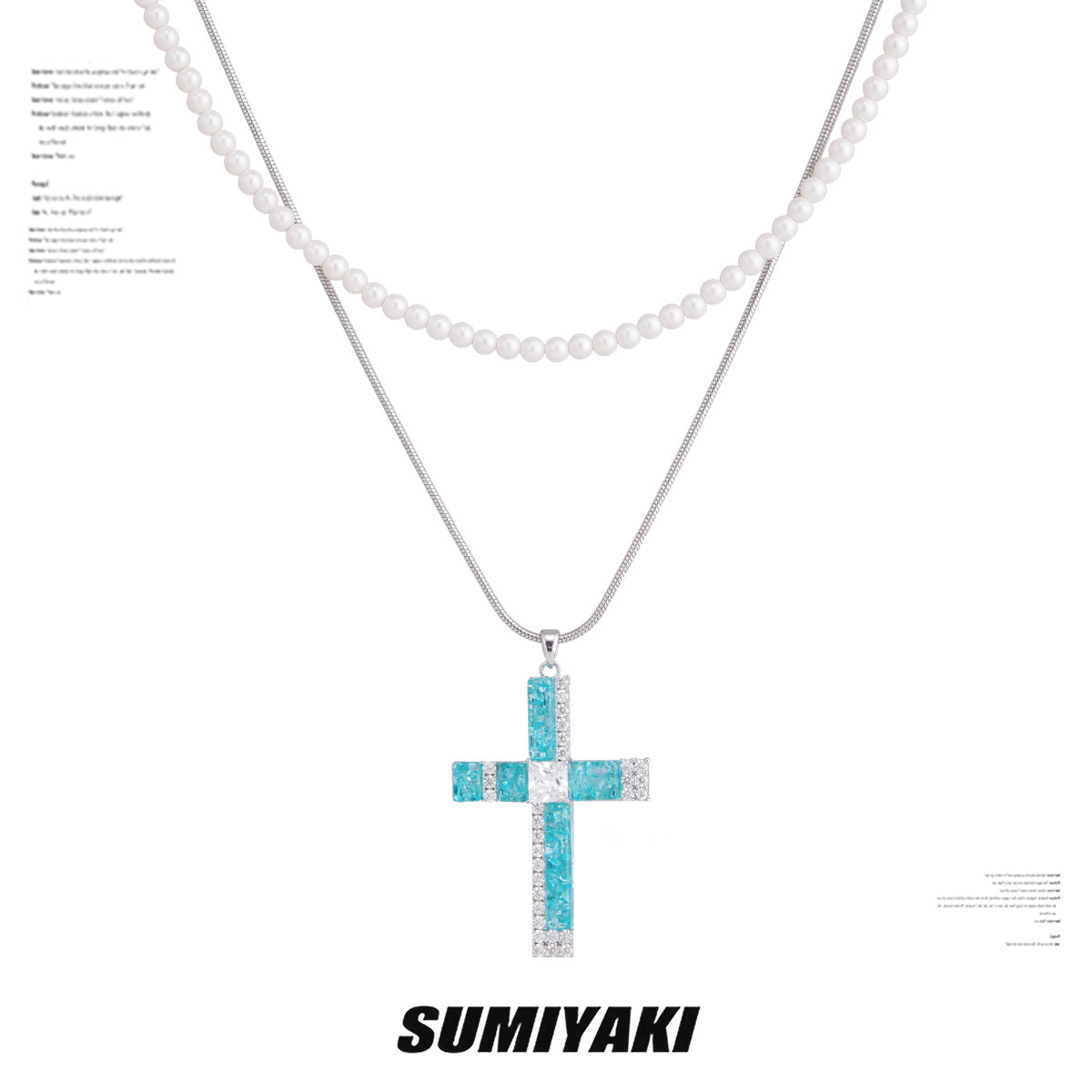 SUMIYAKI 蓝色镶钻十字架长款珍珠吊坠锁骨链叠戴