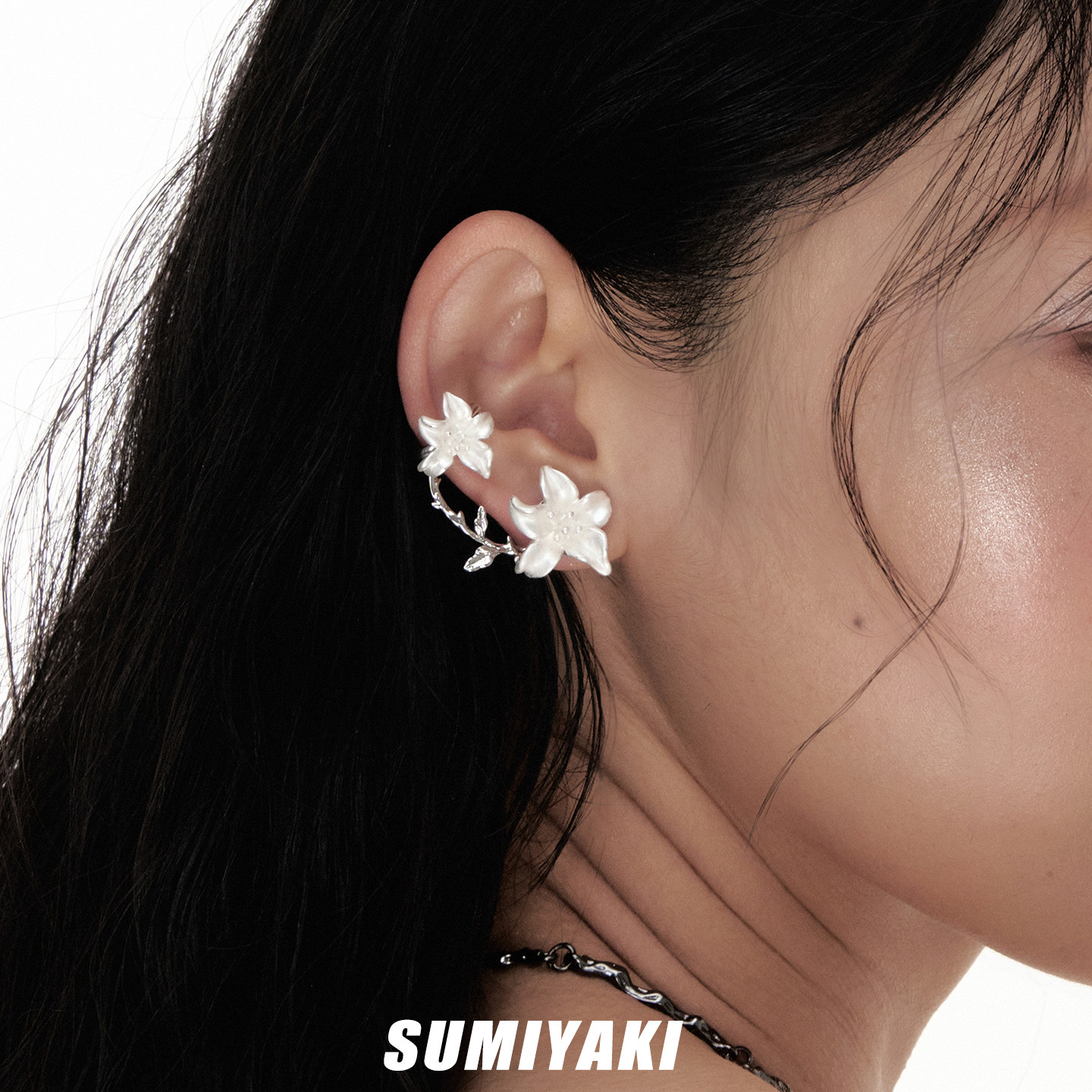 SUMIYAKI 苍白诉说系列 纯白双生花耳环耳夹一体耳饰小众设计耳饰