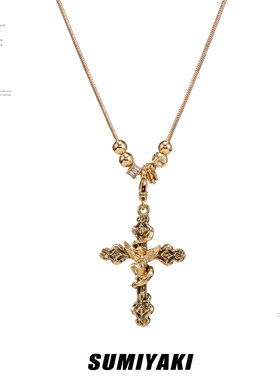 复古十字架项链天使长款毛衣链