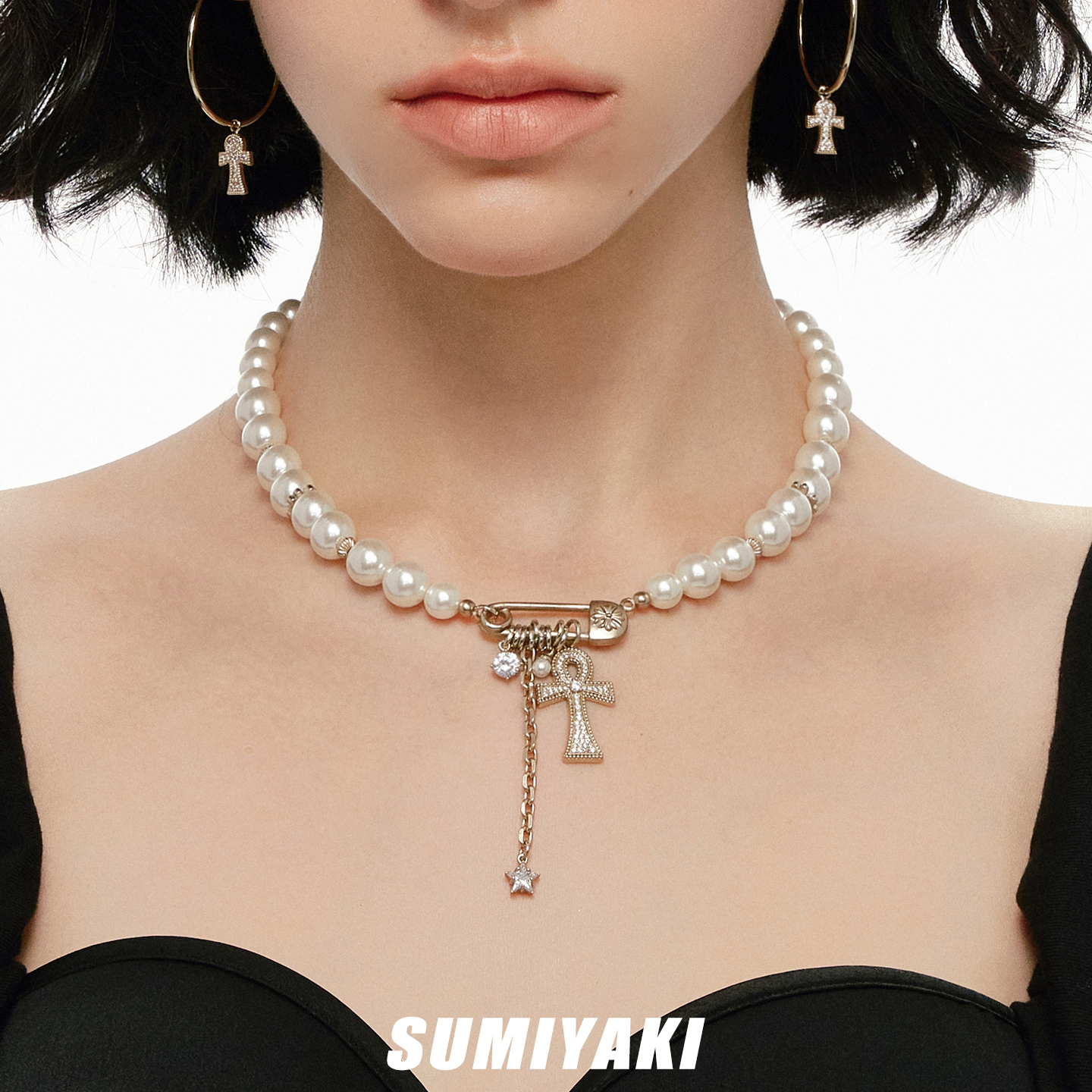 满钻安卡十字架项链回形针锁骨链