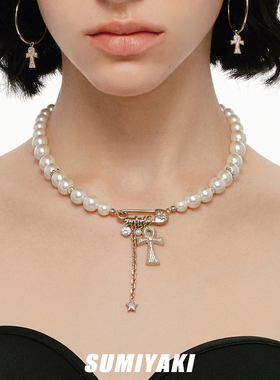 满钻安卡十字架项链回形针锁骨链