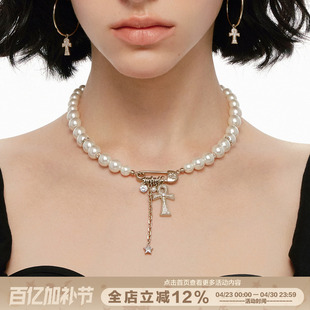 SUMIYAKI 满钻安卡珍珠十字架项链 回形针锁骨链女