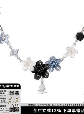 新中式立体花朵项链蓝黑色锁骨链