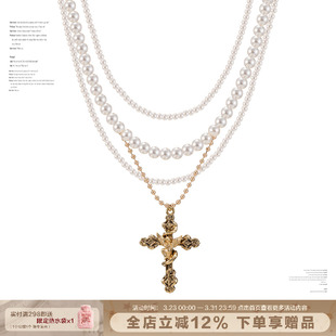 SUMIYAKI 小众复古十字架项链天使多层珍珠颈链choker配饰