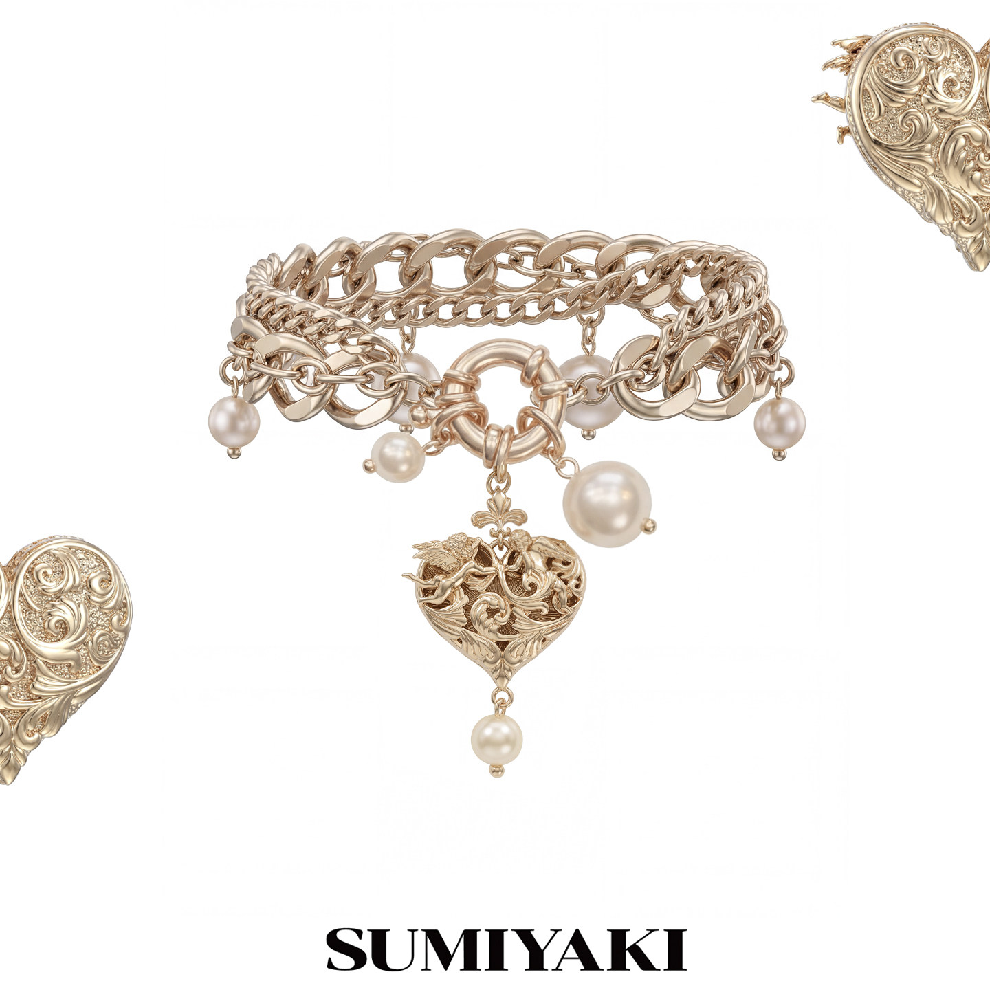 SUMIYAKI 天使爱心系列 双面浮雕爱心珍珠手链