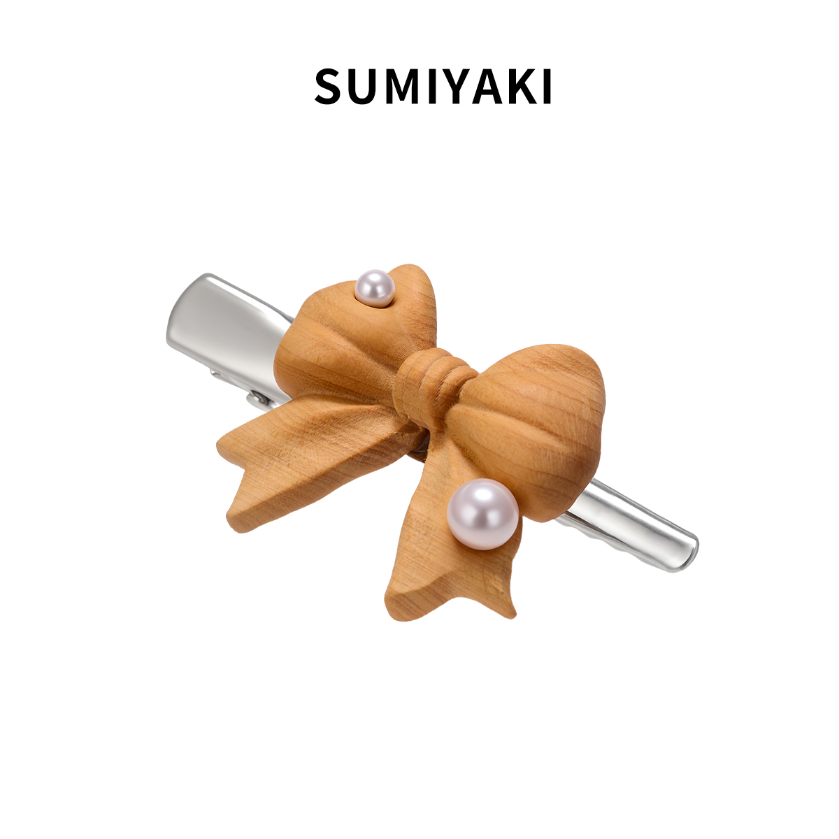 木雕系列天然木頭蝴蝶結珍珠發夾