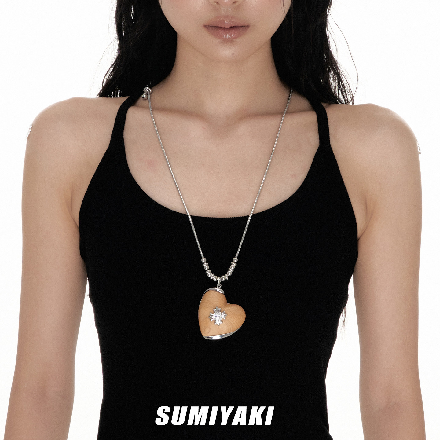 SUMIYAKI 天然木头爱心十字架项链 百搭长款毛衣链秋冬新款配饰女