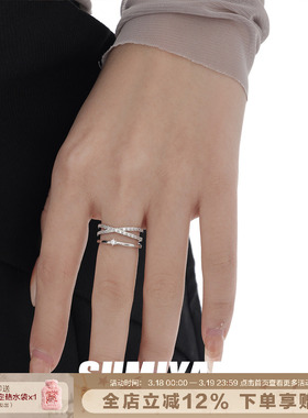 SUMIYAKI原创银色交叉锆石双层戒指轻奢小众时尚素戒情侣对戒指环