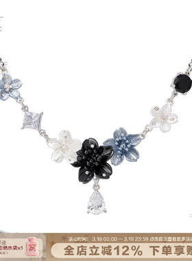 新中式立体花朵项链蓝黑色锁骨链