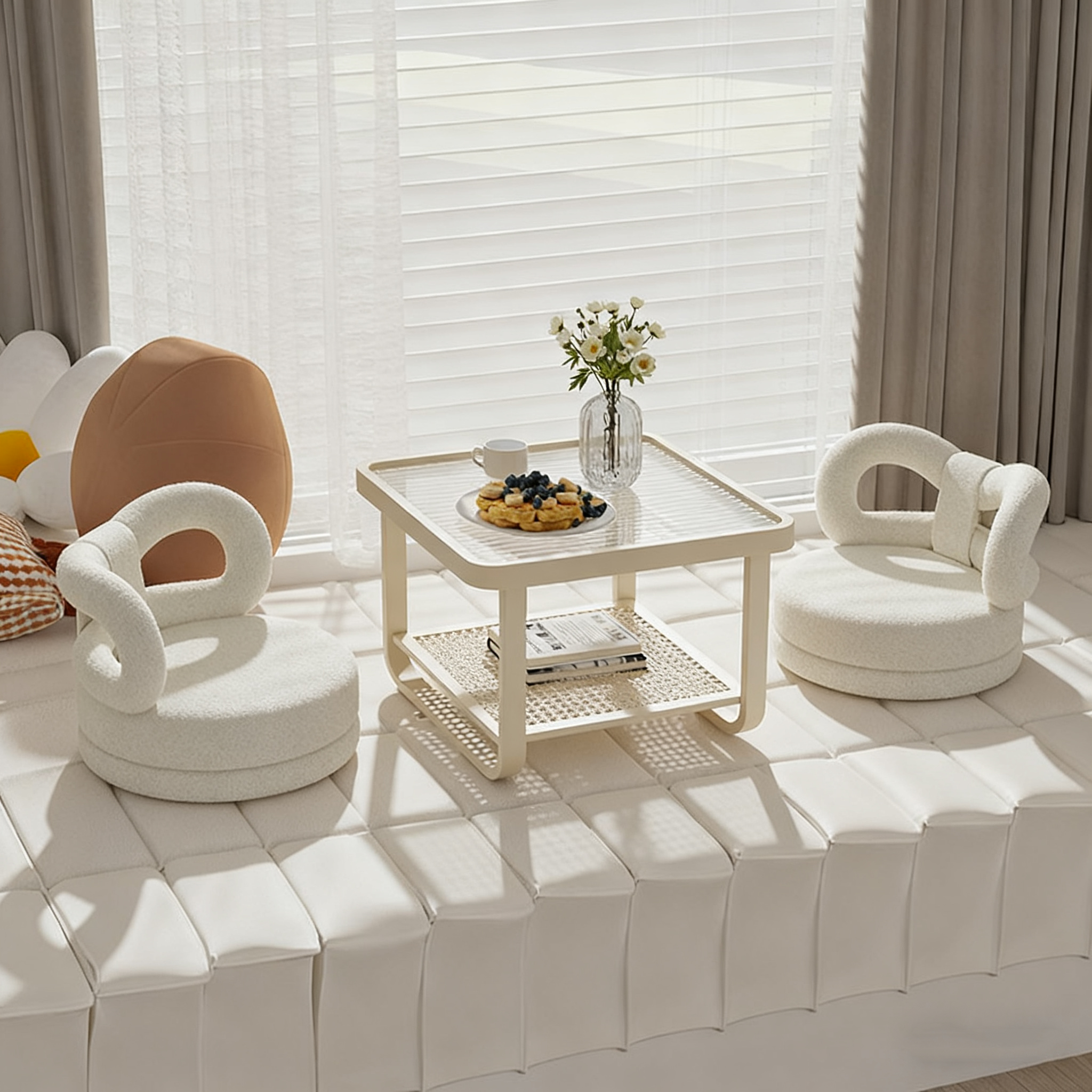 奶油风榻榻米飘窗小茶几三件套