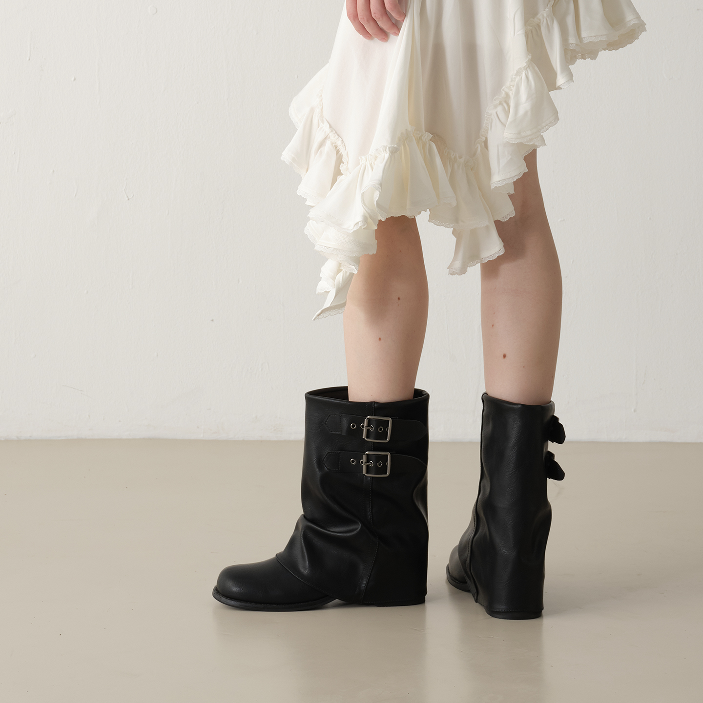 得足少女 「堆叠靴」西部牛仔靴女褶皱堆堆圆头木跟粗跟骑士靴女